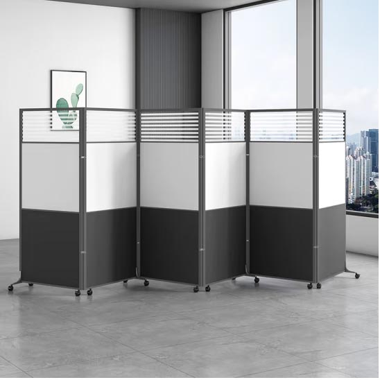 办公隔断现代简约板式 白+黑+玻璃+移动脚（1米长*2米高）