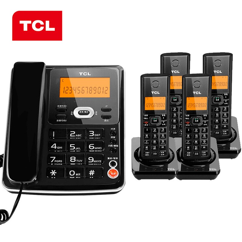 TCL无绳电话机D60套装-无线座机套装一拖四-黑色