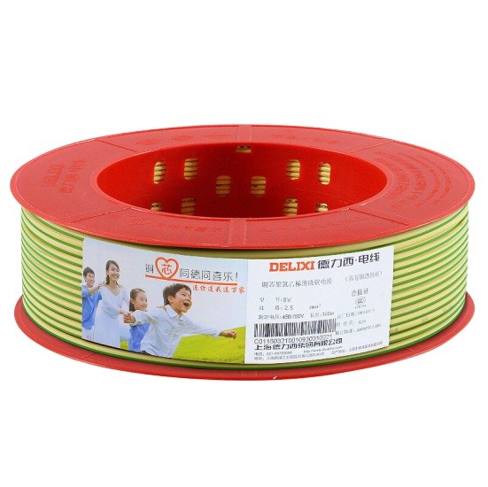 德力西电线电缆BV2.5平方单股单芯铜线 黄绿双色 100米/卷